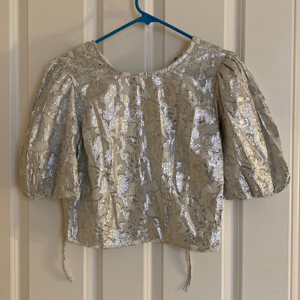 Warehouse UK sparkle puff sleeve tie back top
